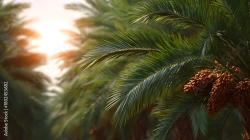 Wallpaper Mural Palm tree plantation with ripe dates bathed in the warm glow of sunset light filtering through the leaves Torontodigital.ca