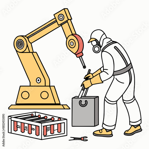 Robotic arm and worker in protective gear in a factory setting