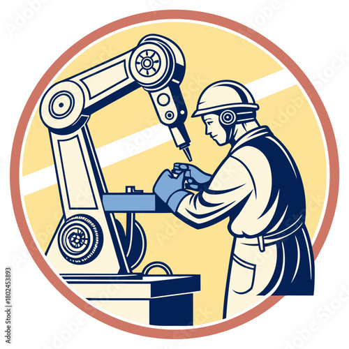 Robotic arm and technician working together in a factory setting