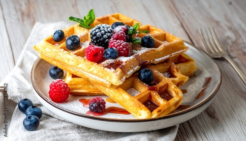 Delicious waffles with fresh berries and maple syrup on a plate.