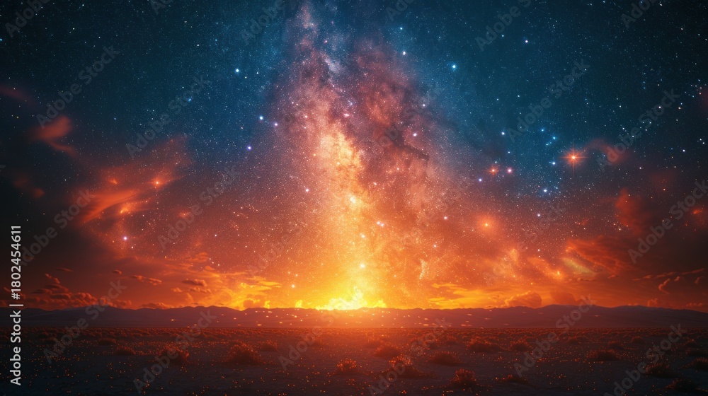 Fototapeta premium Colors burst in the night sky, casting a warm glow on the horizon