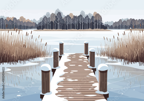 Short wooden pier surrounded by frozen winter river soft-flat semi-realistic pastel landscape vector illustration