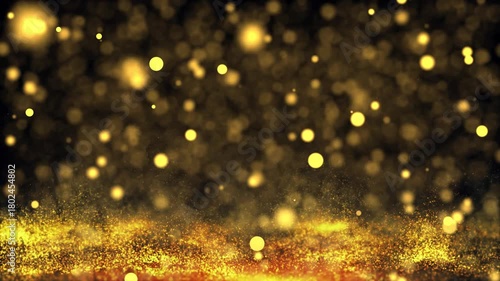Golden Particle Dust Loop. Luxury Bokeh Rising Smoke Background.