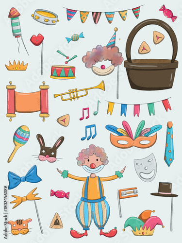 Colorful Hand-Drawn Purim Celebration Elements Collection