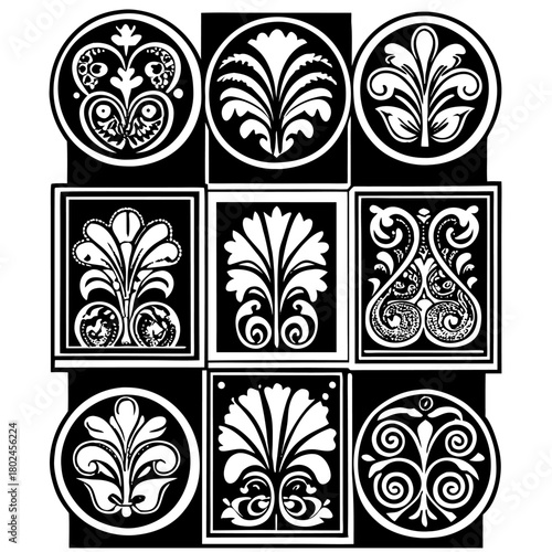 Elegant Ornament Collection: An exquisite assortment of black, swirling, stylized ornament designs, capturing the essence of refined grace and artistic charm.