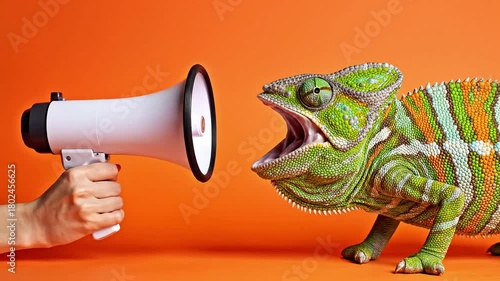 A hand holding a white megaphone facing a colorful chameleon on an orange background