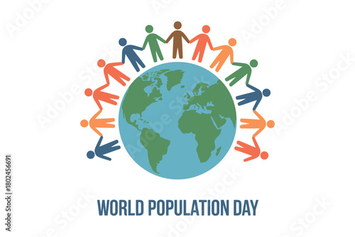 Diverse people hold hands in a circle around a globe, celebrating World Population Day.