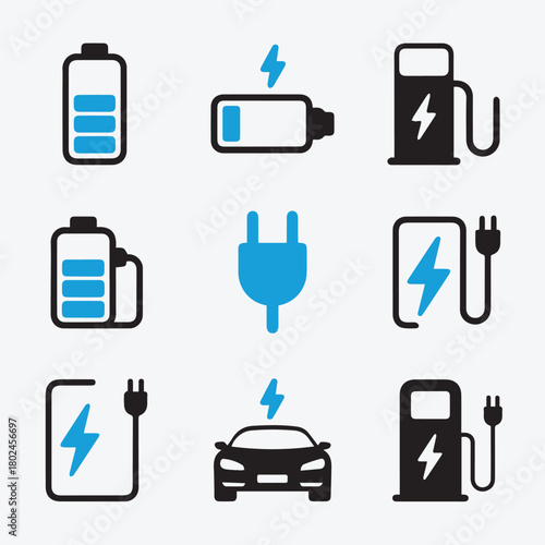 Electric Vehicle (EV) Charging Station, Battery Charge Level, and Energy Power Symbols