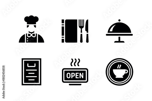 A collection of restaurant and cafe icons including a chef, menu, and coffee cup.
