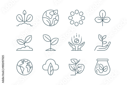 A collection of diverse environmental and growth-related icons representing nature and sustainability concepts.