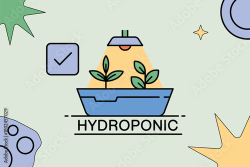 Hydroponic garden growing plants under a grow light with abstract shapes in the background.