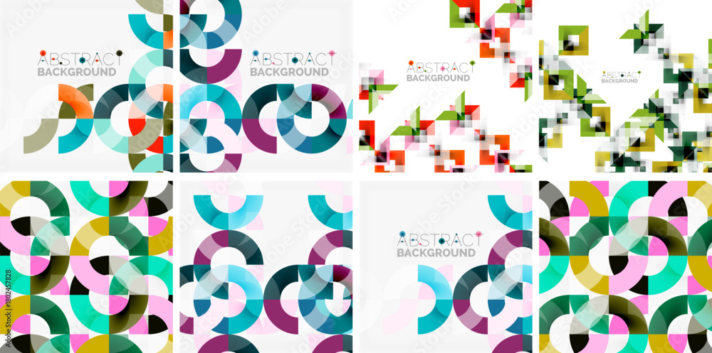 Obraz premium Geometric patterns, vibrant colors, abstract designs. Four variations showcase modern style, clean lines, dynamic composition.