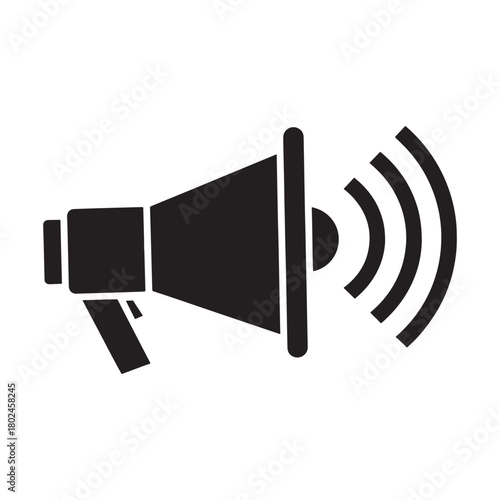 Black megaphone icon with sound waves for announcement communication and attention alert