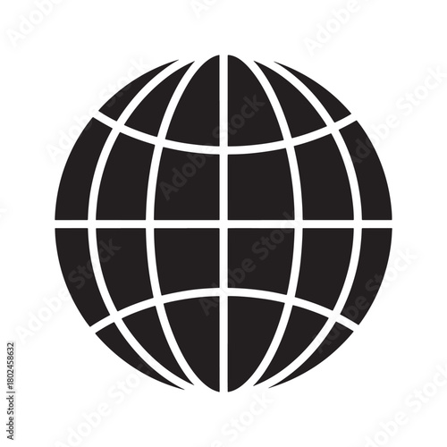 Black globe with grid icon, symbolizing global network, internet, connection, and world