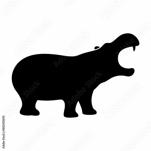 Silhouette of an OpenMouthed Hippopotamus Standing on a White Background