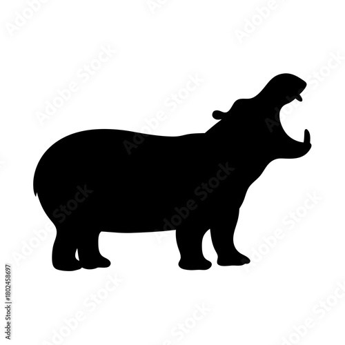 Silhouette of a hippopotamus with an open mouth standing on white background