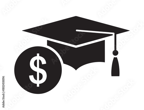 Graduation cap and dollar sign coin icon representing education cost and student loan