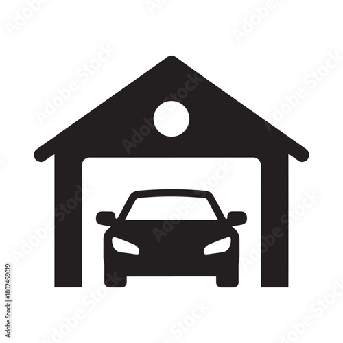Garage with car icon, auto service and repair symbol, vehicle parking sign silhouette