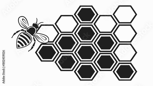 Illustration of a bee approaching a honeycomb structure with alternating filled and empty cells