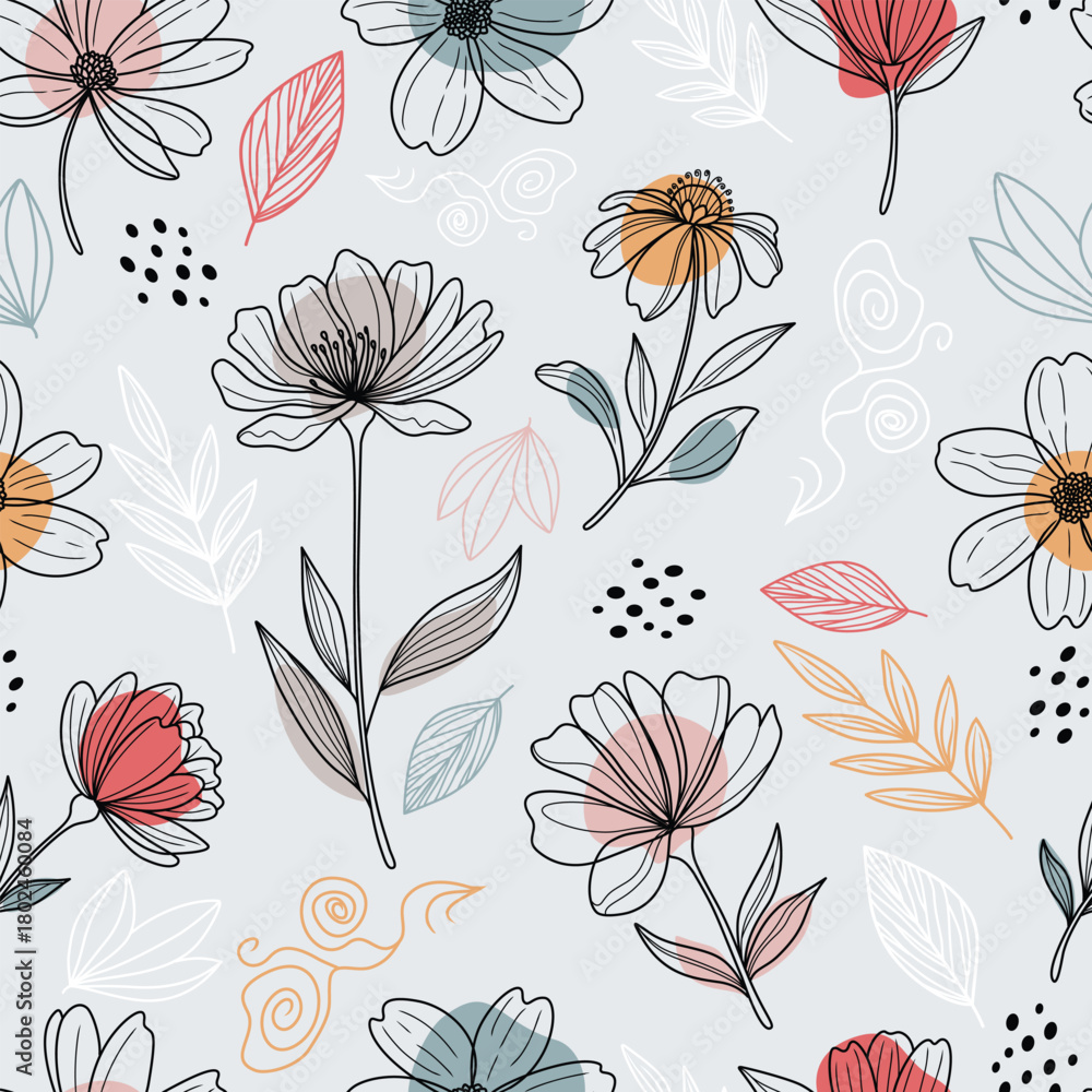 Naklejka premium Elegant Floral Line Art Vector Seamless Pattern
