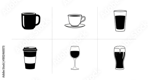 Collection of diverse beverage cups and glasses for hot and cold drinks