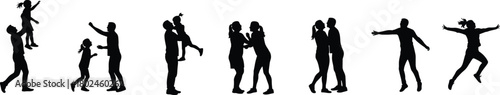 Silhouette illustration of family love, joyful people, parents with children, embracing couples, happiness, affection, bonding, jumping, playful interaction, vector art