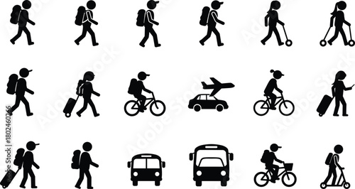 Silhouette icons of people traveling, walking, cycling, scooter riding, bus, car, suitcase, transportation symbols, commuting illustration, mobility concept design