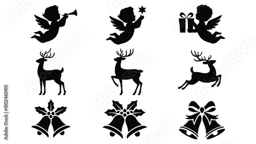 christmas silhouette icons set with angels reindeer and bells
