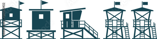 Silhouette lifeguard towers, beach safety structures, coastal watch platforms, seaside rescue huts, ocean lookout posts, summer vacation coastline, surveillance architecture