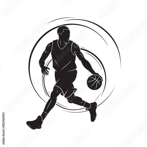 Dynamic Black and White Vector Silhouette of a Basketball Player Dribbling Through a Circular Frame