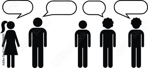 Silhouette people communication, group discussion, speech bubbles illustration, teamwork conversation, diverse community talking, social interaction concept, dialogue exchange, black shadow artwork