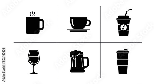 Collection of diverse beverage icons representing hot and cold drinks