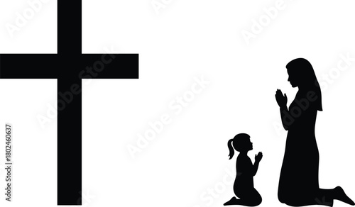 Silhouette of mother and child praying before Christian cross, faith devotion, religion spirituality, family prayer, worship illustration, religious concept art