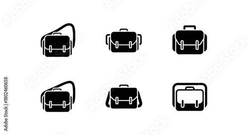 Collection of simple, modern icons representing various messenger bags and briefcases.