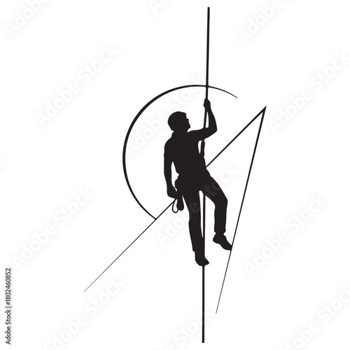 Silhouette of Rock Climber Rappelling Down with Gear Vector Illustration