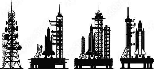 Silhouette rocket launch pads, space shuttle towers, aerospace infrastructure, radar communication tower, space exploration technology, astronautics engineering, spacecraft