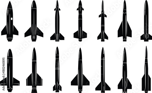 Silhouette rocket missile collection, military weapon design, aerospace engineering shapes, black vector illustration, defense technology, space exploration, aviation history, war equipment