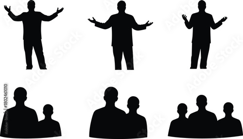 Silhouette, human figures, group of people, teamwork, unity, cooperation, communication, abstract illustration, body posture, social interaction, business