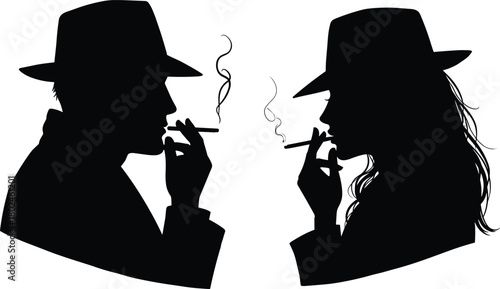 Silhouette, people, smoking, fedora, hat, noir, mystery, detective, vintage, retro, style, gangster, crime, classic, film, dark, shadow, illustration, black, white