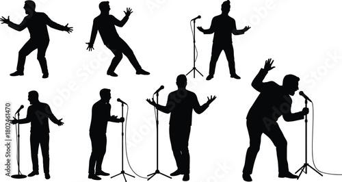 Silhouette, singer, performer, microphone, stage, concert, music, speech, presentation, entertainment, audience, expression, gesture, movement, drama,