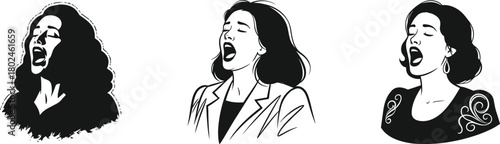 Singing silhouette illustration, vocal performance people, expressive singers, music passion artwork, concert stage art, emotional song expression, artistic vocal design, black and white