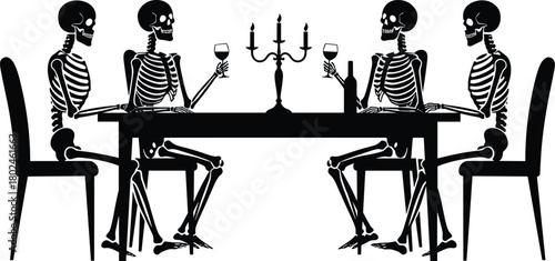 Skeleton dinner party illustration, gothic dining artwork, spooky Halloween vector, macabre skulls at table, eerie candlelight scene, surreal dark humor