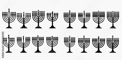 Collection of Hanukkah menorah illustrations in black and white.