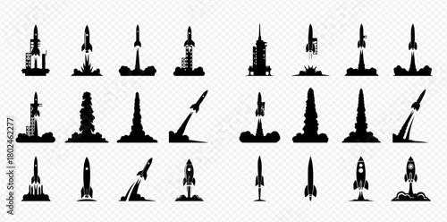 Collection of rocket launch silhouettes, showcasing various designs and stages of liftoff against a transparent background.