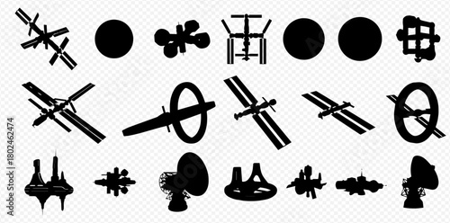 A collection of abstract black silhouettes on a transparent background.