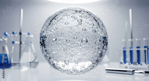Captivating science experiment showcases a clear sphere filled with numerous bubbles, surrounded by laboratory equipment and blue liquid, symbolizing research and discovery.