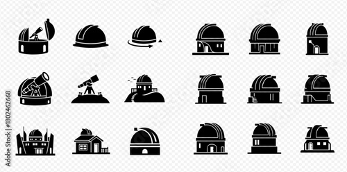 A collection of observatory and telescope icons in black silhouette style, showcasing various designs and structures.