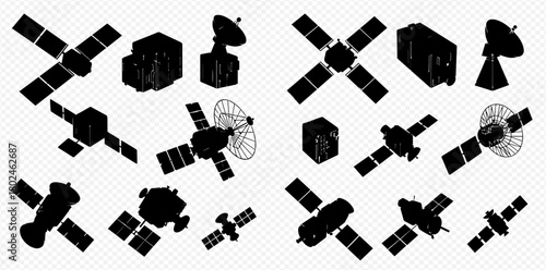A collection of satellite and communication equipment silhouettes, showcasing various designs and configurations.