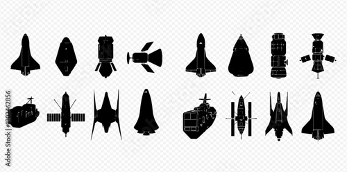 Silhouetted spaceships and satellites in a grid pattern against a transparent background.