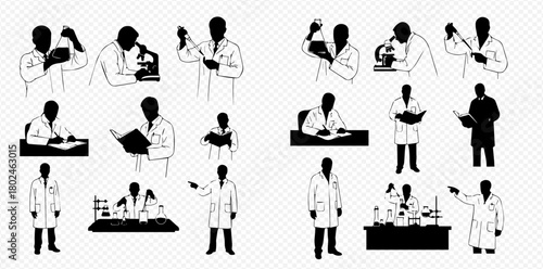 Silhouetted scientists in lab coats performing experiments and research, isolated on a white background.